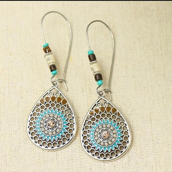 Boho Beaded Turquoise Drop Hoop Earrings - Picture 2 of 4